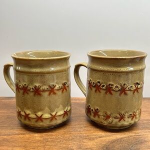 Vintage Rustic Brown Patterned Stoneware Ceramic Mug Set Of Two Made In Japan
